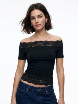 Outzidr - Black Off-Shoulder Fitted Top With Lace Inserts