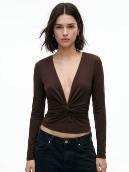 Outzidr - Brown Plunge Neck Fitted Top