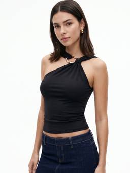 Outzidr - Black One Shoulder Fitted Top With Metal Trims