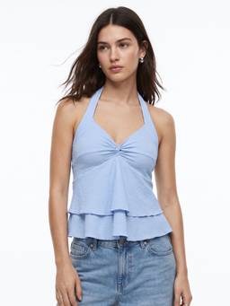 Outzidr - Light Blue Halter Neck Tiered Ruffle Top