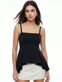 Outzidr - Black Spaghetti Strap Square Neck Princess Waterfall Peplum Tank Top