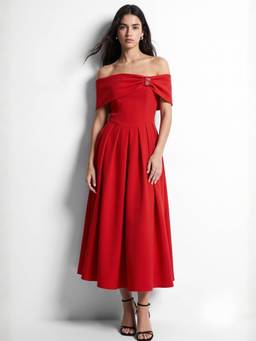 Outzidr - Red Off-Shoulder Dress With Embellishments On Sleeve