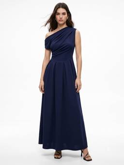 Outzidr - Navy Blue One Shoulder Rucched Fit And Flare Dress