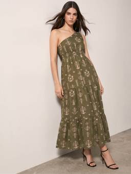 Outzidr - Green Maxi Length Tier Dress With One Shoulder