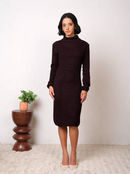 Kvetoo - Women Woollen Cable Knit High Neck Bodycon Long Dress