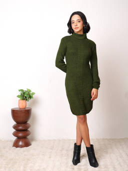 Kvetoo - Women Woollen Cable Knit High Neck Bodycon Long Dress