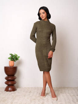 Kvetoo - Women Woollen Cable Knit High Neck Bodycon Long Dress