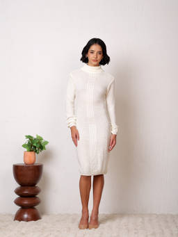 Kvetoo - Women Woollen Cable Knit High Neck Bodycon Long Dress