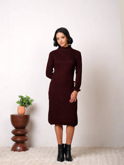 Kvetoo - Women Woollen Cable Knit High Neck Bodycon Long Dress