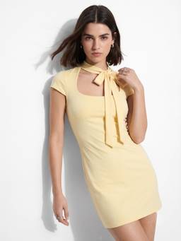 Outzidr - Butter Yellow Queen Anne Neck Tie Up Mini Dress