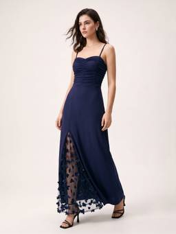 Outzidr - Navy Blue Spaghetti Strap Lace Detail Dress