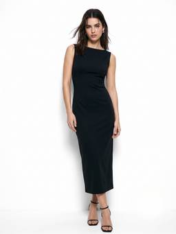 Outzidr - Black Boat Neck Fitted Dress With Back Lace Detail