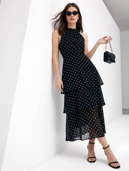 Outzidr - Black Halter Neck Tiered Dress With Polka Dots