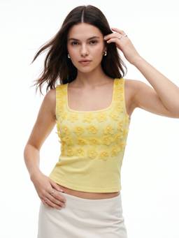 Outzidr - Yellow Square Neck Tank With Mini Floral Corsages