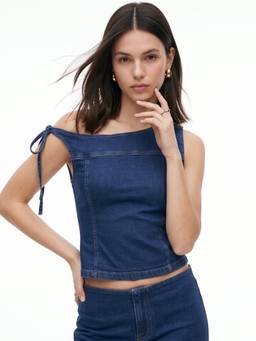 Outzidr - Blue One-Shoulder Denim Top