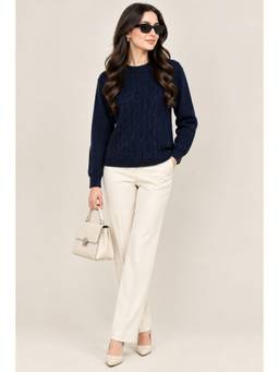 Creative Line - Cable Knit Round Neck Top Navy Blue