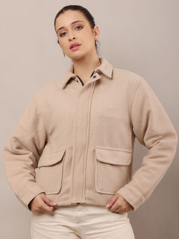 NOBARR - Women Cotton Full Sleeve with Shirt Collar Beige Jacket