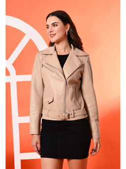 TBOJ - Beige Women Solid Leather Crop Jacket