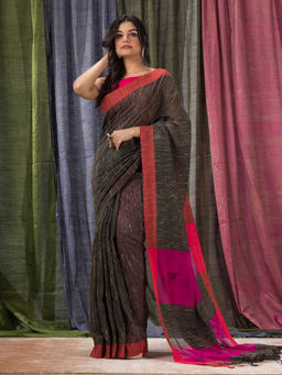 Angoshobha - Black Cotton Blended Festive Handloom Saree with Unstitched Blouse