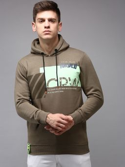 SHOWOFF - Men Hooded Neck Olive Printed Sweatshirt