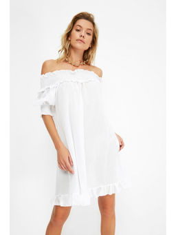 Trendyol - White Bardot Puff Sleeve Mini Dress