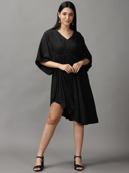 SHOWOFF - Womens V-Neck Midi Black Solid Dress