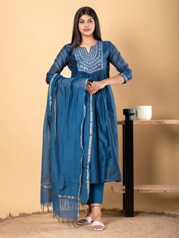 Readiprint - A Line Style Chanderi Silk Fabric Teal Kurta and Pant with Dupatta