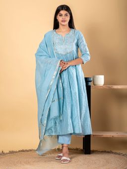 Readiprint - Chanderi Silk Fabric Blue Kurta and Pant with Dupatta