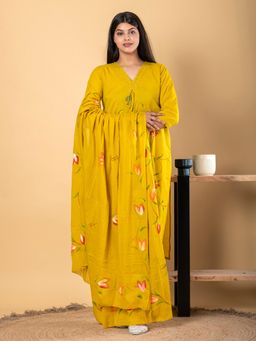 Readiprint - Straight Style Cotton Fabric Yellow Kurta and Pant with Dupatta