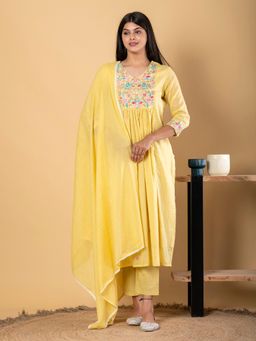 Readiprint - A Line Style Cotton Fabric Yellow Kurta and Pant with Dupatta