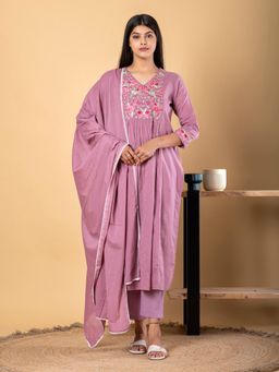 Readiprint - A Line Style Cotton Fabric Mauve Kurta and Pant with Dupatta