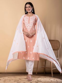 Readiprint - Straight Style Cotton Fabric Peach Kurta and Pant with Dupatta