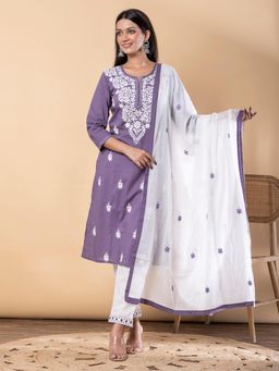Readiprint - Straight Style Cotton Fabric Purple Kurta and Pant with Dupatta
