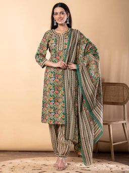 Readiprint - Straight Style Cotton Fabric Green Kurta and Pant with Dupatta
