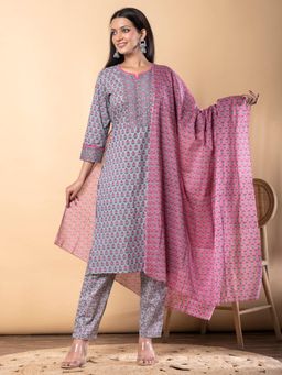 Readiprint - Straight Style Cotton Fabric Pink Kurta and Pant with Dupatta