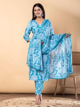 Readiprint - Straight Style Cotton Fabric Blue Kurta and Pant with Dupatta