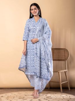 Readiprint - Straight Style Cotton Fabric Grey Kurta and Pant with Dupatta
