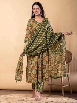 Readiprint - Cotton Fabric Green Kurta and Pant with Dupatta