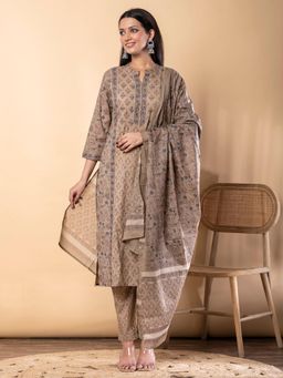 Readiprint - Straight Style Cotton Fabric Beige Kurta and Pant with Dupatta