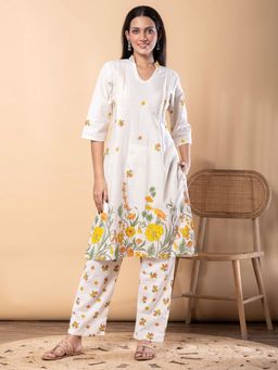 Readiprint - Straight Style Cotton Flex Fabric Off White Kurta with Palazzo