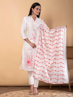 Readiprint - Straight Style Chanderi Silk Fabric Off White Kurta and Pant with Dupatta