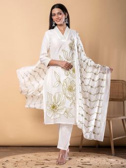Readiprint - Straight Style Chanderi Silk Fabric Off White Kurta and Pant with Dupatta