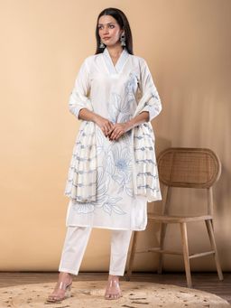 Readiprint - Straight Style Chanderi Silk Fabric Off White Kurta and Pant with Dupatta