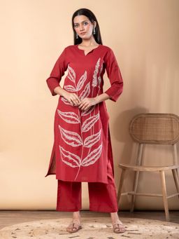 Readiprint - Straight Style Poly Cotton Fabric Maroon Kurta with Pant