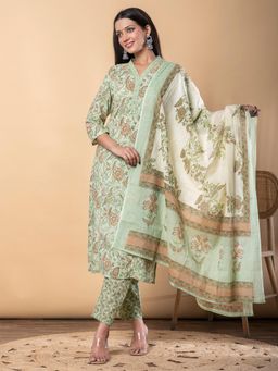 Readiprint - Straight Style Cotton Fabric Green Kurta and Pant with Dupatta