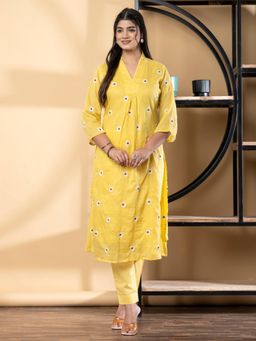 Readiprint - Straight Style Mulmul Fabric Yellow Kurta and Pant