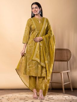 Readiprint - Cotton Fabric Green Kurta and Pant with Dupatta