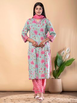 Readiprint - Straight Style Cotton Fabric Green Kurta and Palazzo with Dupatta