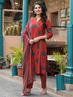 Readiprint - Straight Style Cotton Fabric Maroon Kurta and Pant with Dupatta
