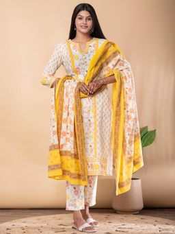 Readiprint - Straight Style Cotton Fabric Yellow Kurta and Pant with Dupatta